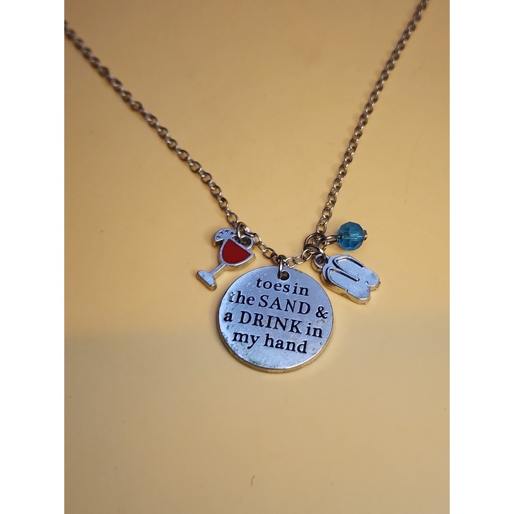 Toes In The Sand &‎ a Drink My Hand' Charm Necklace Blue Crystal Martini Beach